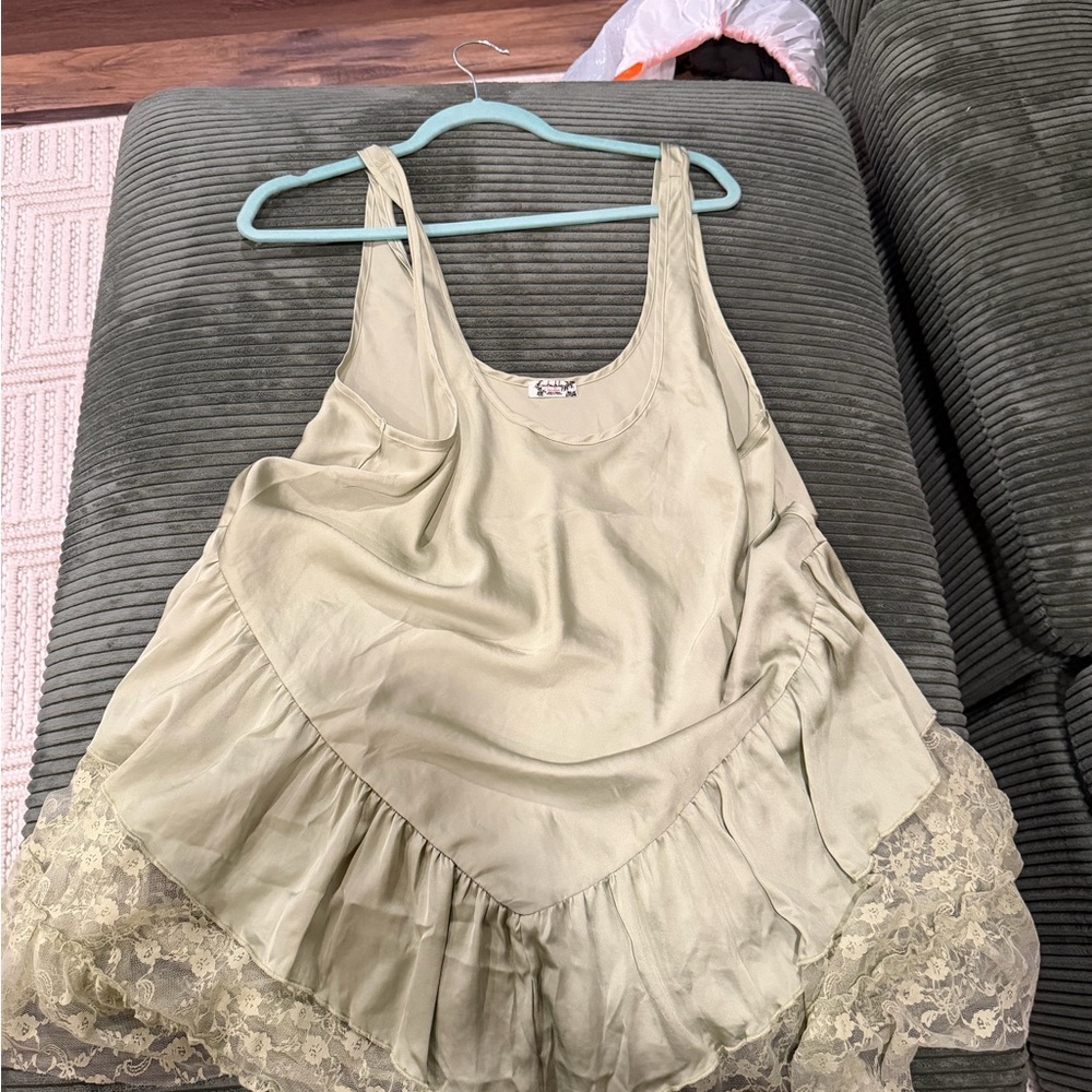Free People Satin Lace Trim Tank Top in Light Olive